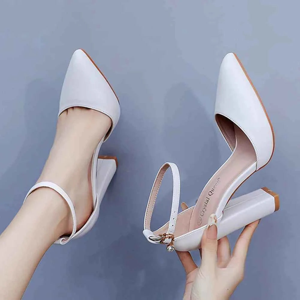 Crystal Queen Women 7CM Thick High Heels Sexy Pumps White Wedding Bride Shoes Pointed Toe Buckle Strap Sandals