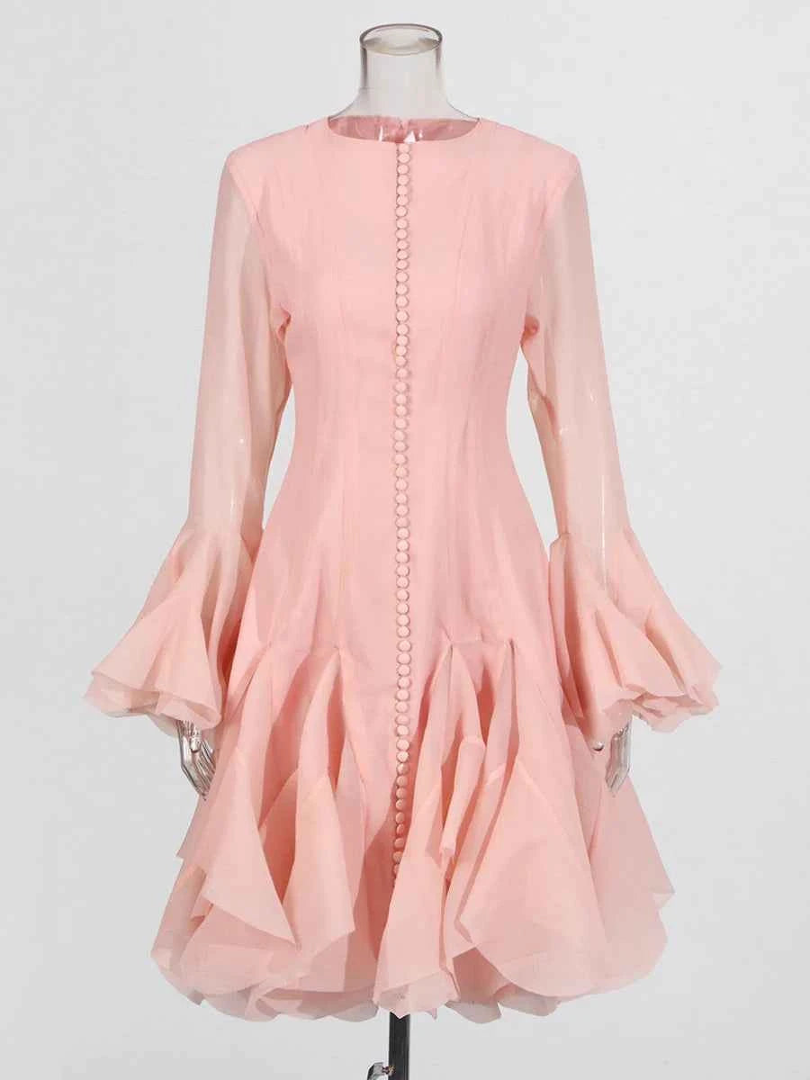 TWOTWINSTYLE Solid Spliced Button Slimming Dresses For Women O Neck Long Sleeve High Waist Patchwork Ruffles Female Fashion New