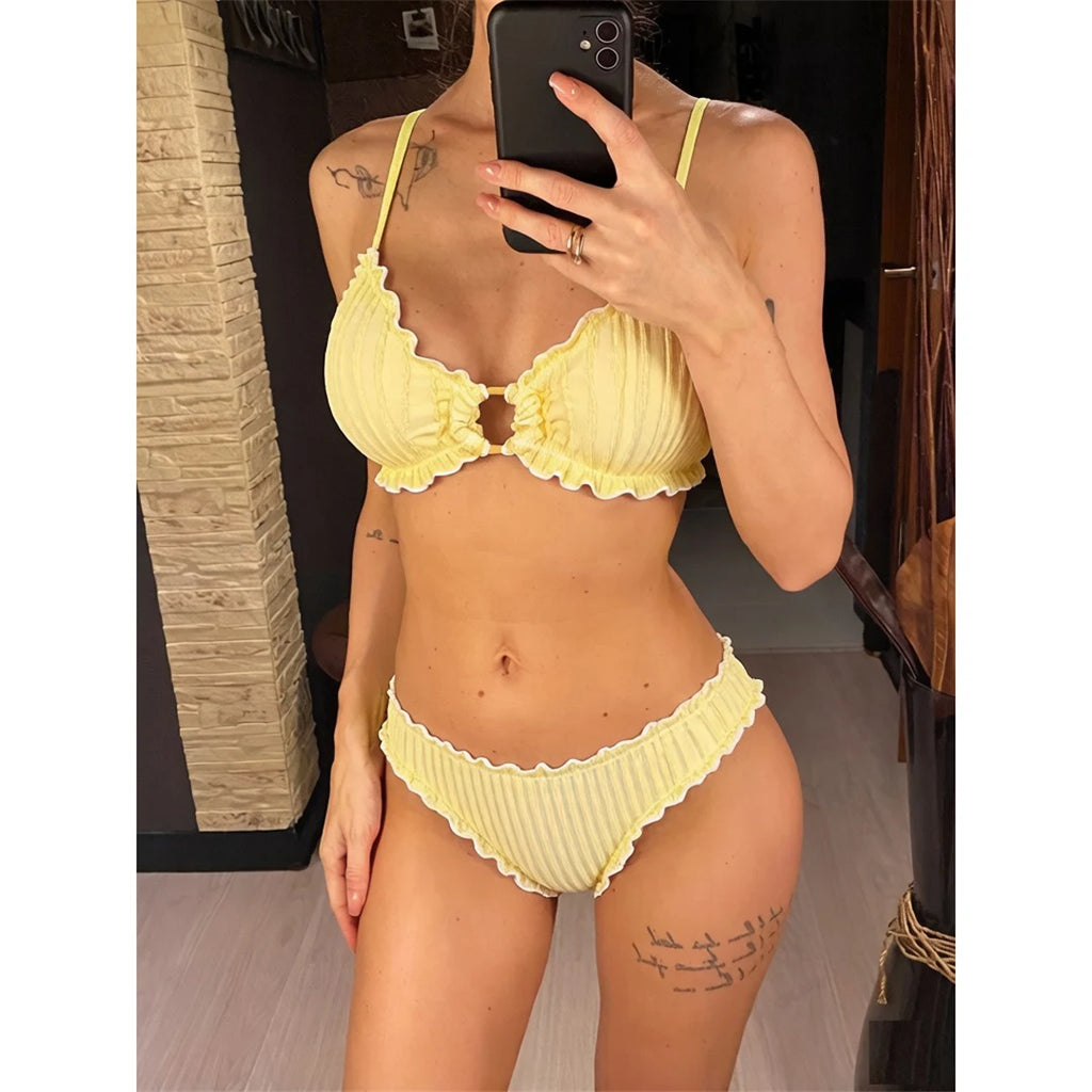 Wrinkled Crinkled Frilled Bikini Female Swimsuit Women Swimwear Two-Pieces Bikini Set Brazilian Bather Bathing Suit Swim V8053