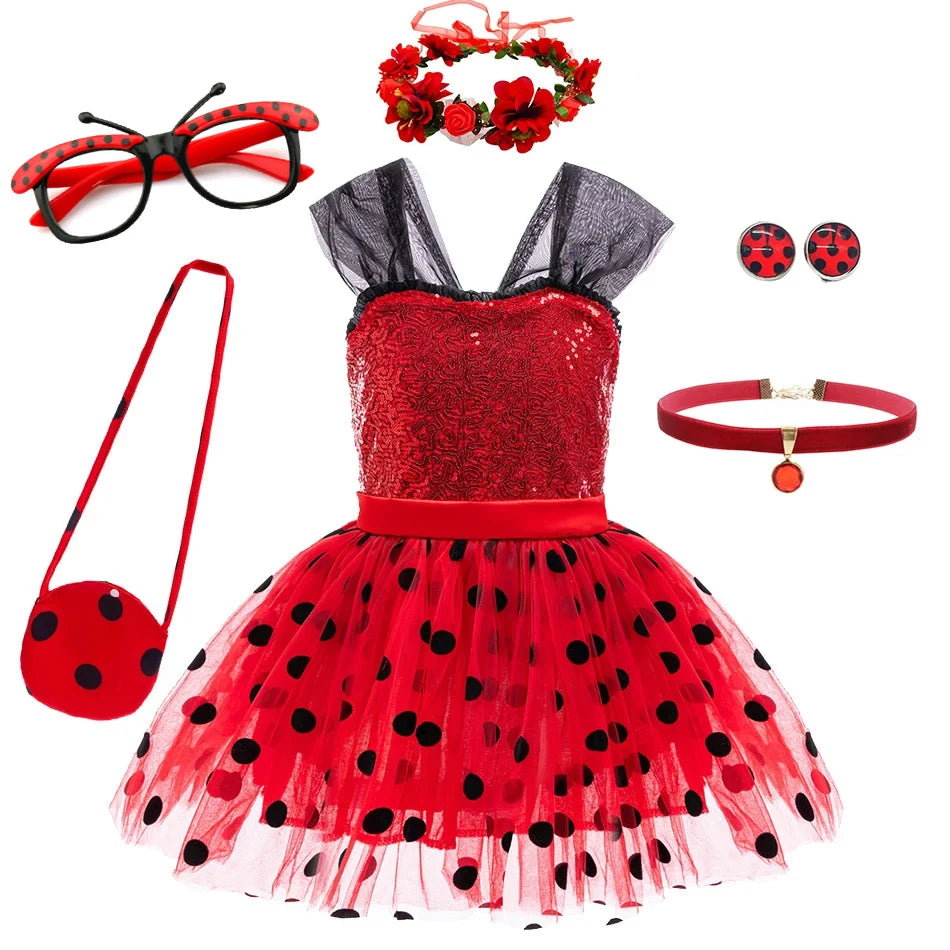 Children Ladybug Cosplay Costume Kid Marinette Halloween Outfit Christmas Fancy Party For Girl Red Dot Dress Suits Birthday Gift