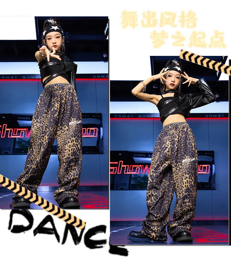 Kid Hip Hop Clothing T Shirt Crop Top Wine Red Arm Sleeve Faux Leather Casual Cargo Pants for Girl Jazz Dance Costumes Clothes