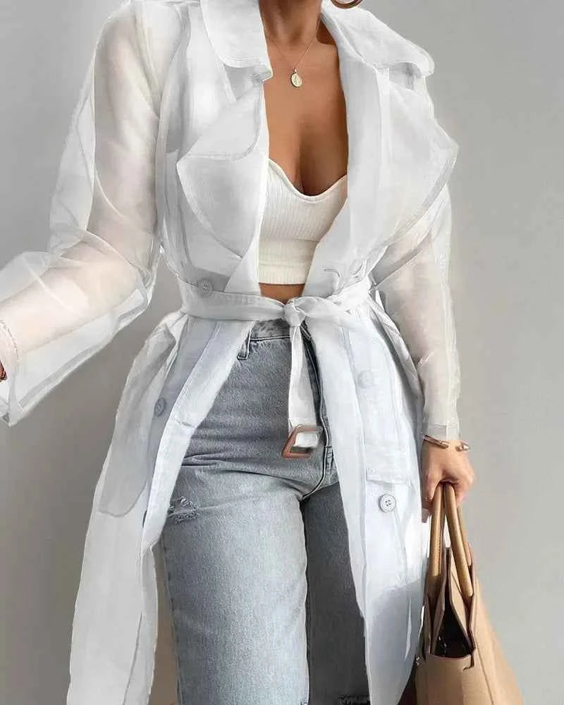 Joskaa Solid Organza See Through Lapel Full Sleeve Trench 2023 Summer Women Fashion Buttoned Coat with Belt Elegant Shirts
