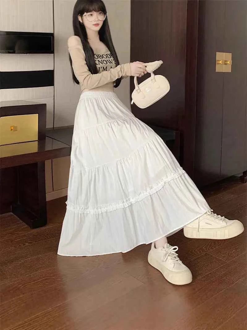 Matching Chic lady's white skirt sweet girls cake skirt elastic waist a line mid length flare skirt