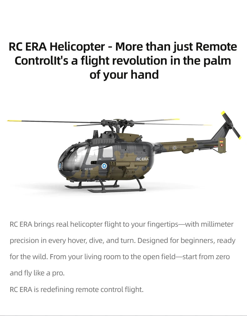 RC ERA C180 BO-105 2.4G 6CH Optical Flow Positioning TOF Altitude Hold Dual Brushless Motor 1:25 Scale Flybarless RC Helicopter