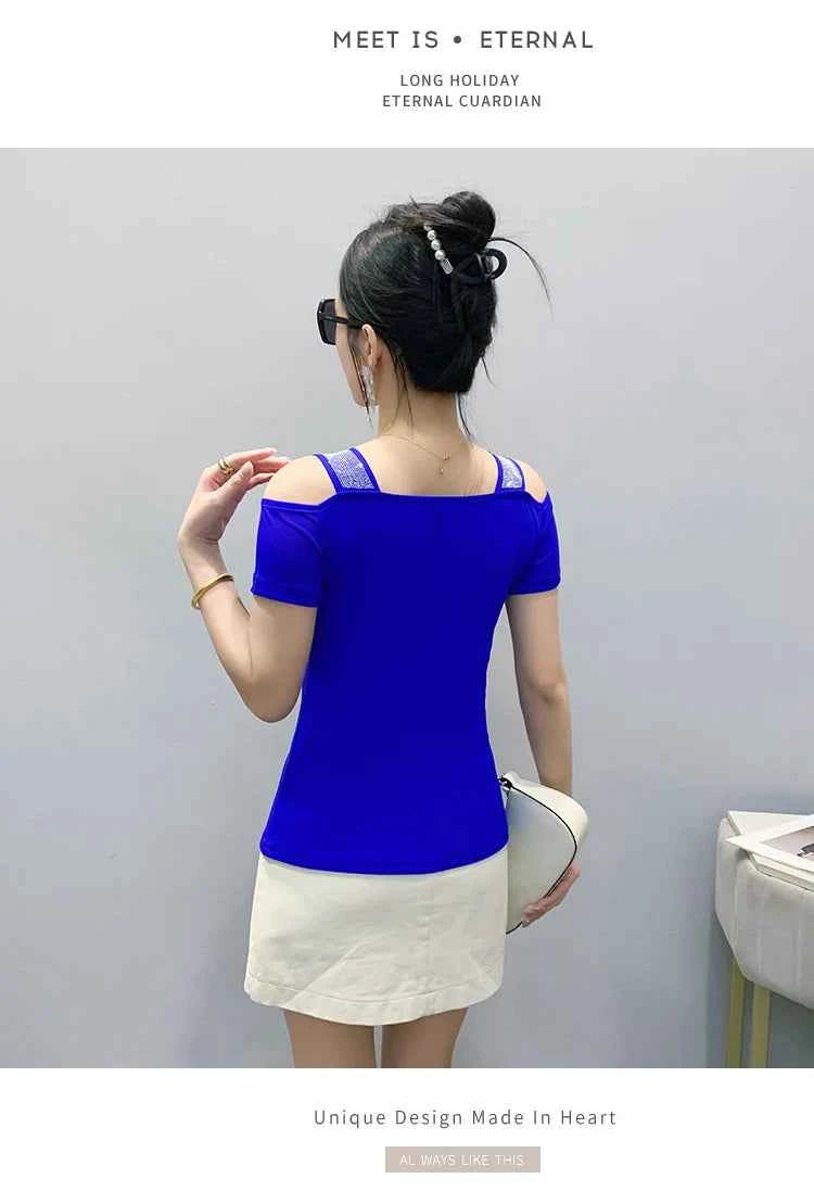 New Arrival Summer European Clothes Women's T-Shirts Chic Luxury Butterfly Hot Diamonds Tees Sexy Girl Slim Streetwear Tops