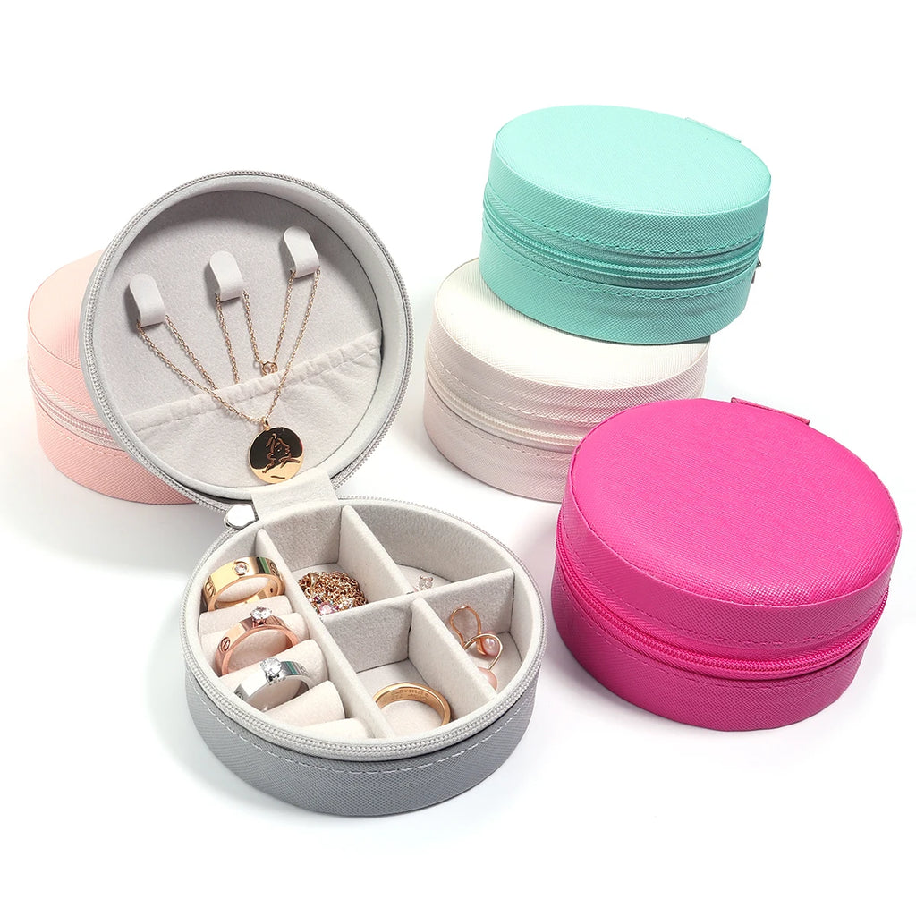 1 Pc PU Leather Jewelry Box Round Jewelry Organizer Case Multicolor Portable Necklace Earrings Rings Display Mini Storage Box