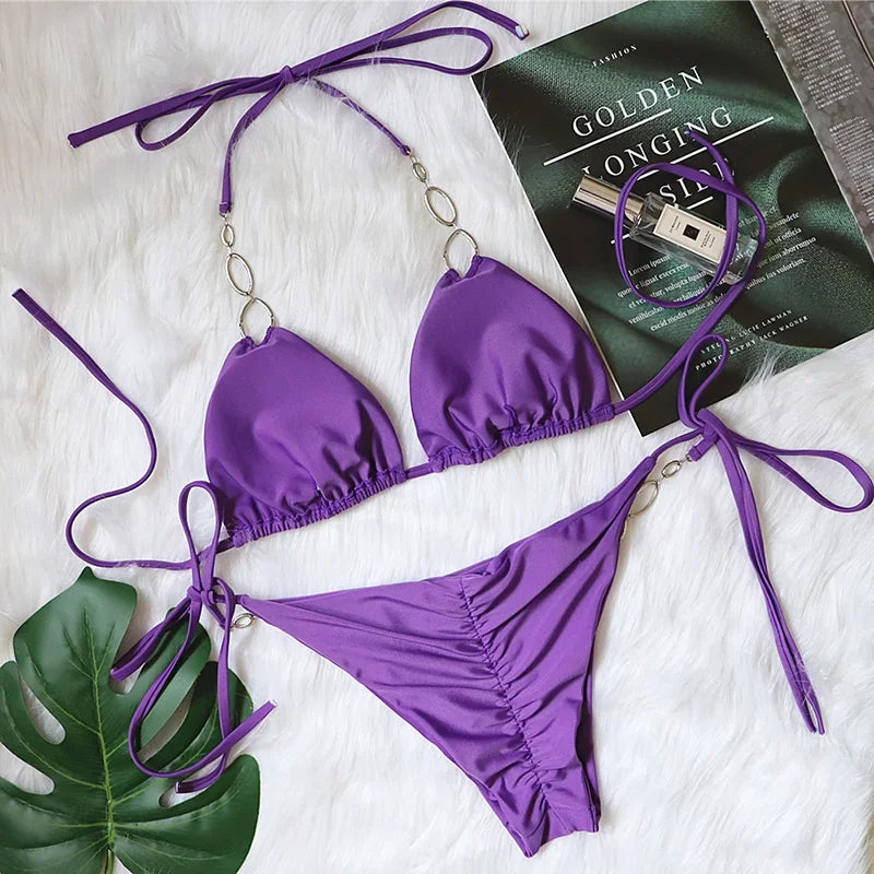 Metal Chains Rhinestones Diamond Bikini Women Swimsuit Female Swimwear Two Pieces Bikini Set Brazilian Bather Bathing Suit Swim