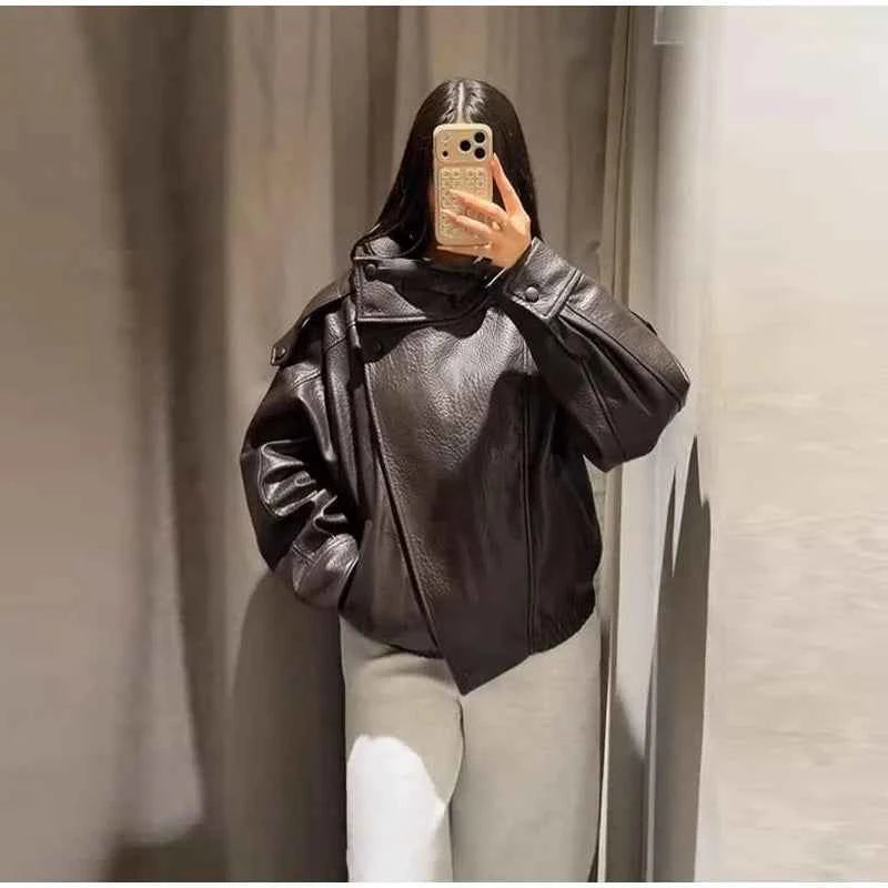 Vintage PU Leather Women's Jacket Stand Collar Zipper Button Coats Female Long Sleeve Outerwear Spring Lady Street Jackets