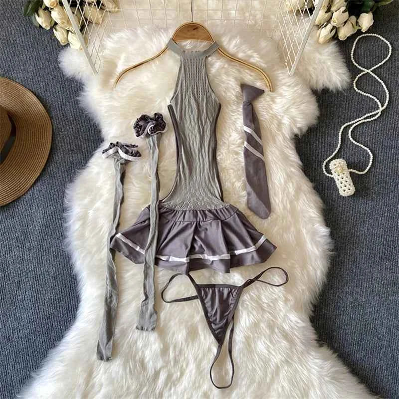 Girls Sexy Cute Japanese JK Uniform  Mini Checkered Strap Skirt Off Shoulder High Waist Elastic Cosplay Dress Hot Sweet Pajama