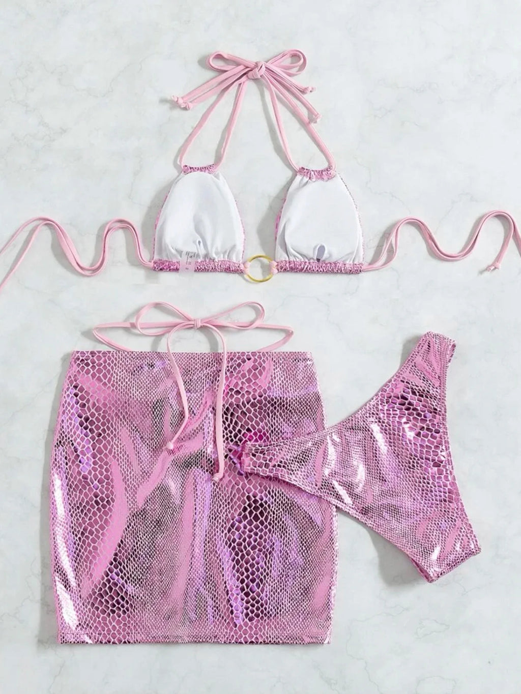 Sexy With Skirt Shiny Snake Skin Bikini Women Swimwear Female Swimsuit Three-pieces Bikini set Bather Bathing Suit Swim K4237