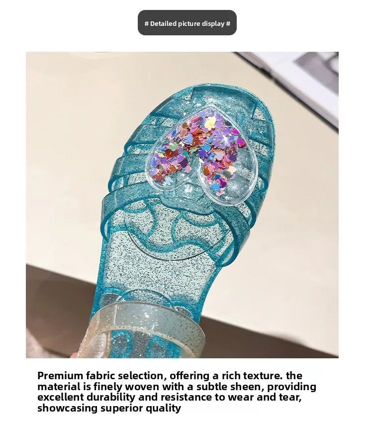 2026Kids' Sandals Ourdoor Crystal Jelly Shoes PVC Love Baby Fashion Flat For Girls Breathable Anti-slip Purple Sliver Size 24-35