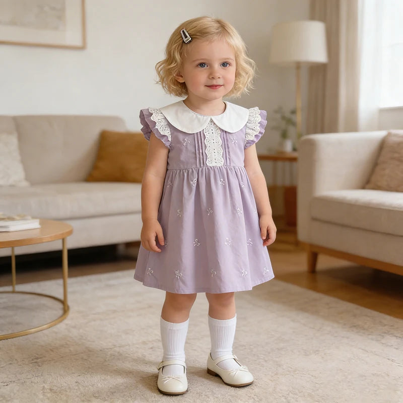 2026 New Summer Sister Clothing 2-6Yrs Kids Princess Flutter Sleeved Dresses Cotton Embroidery Baby Birthday Party Dress