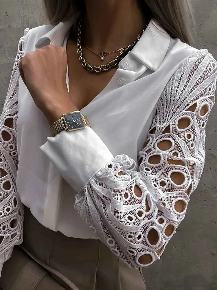 White Sexy Lace Hollow Out Women Blouse Autumn 2025 Spring Black Top Vintage Button Up Shirts Long Sleeve Mesh Design Tops 19948