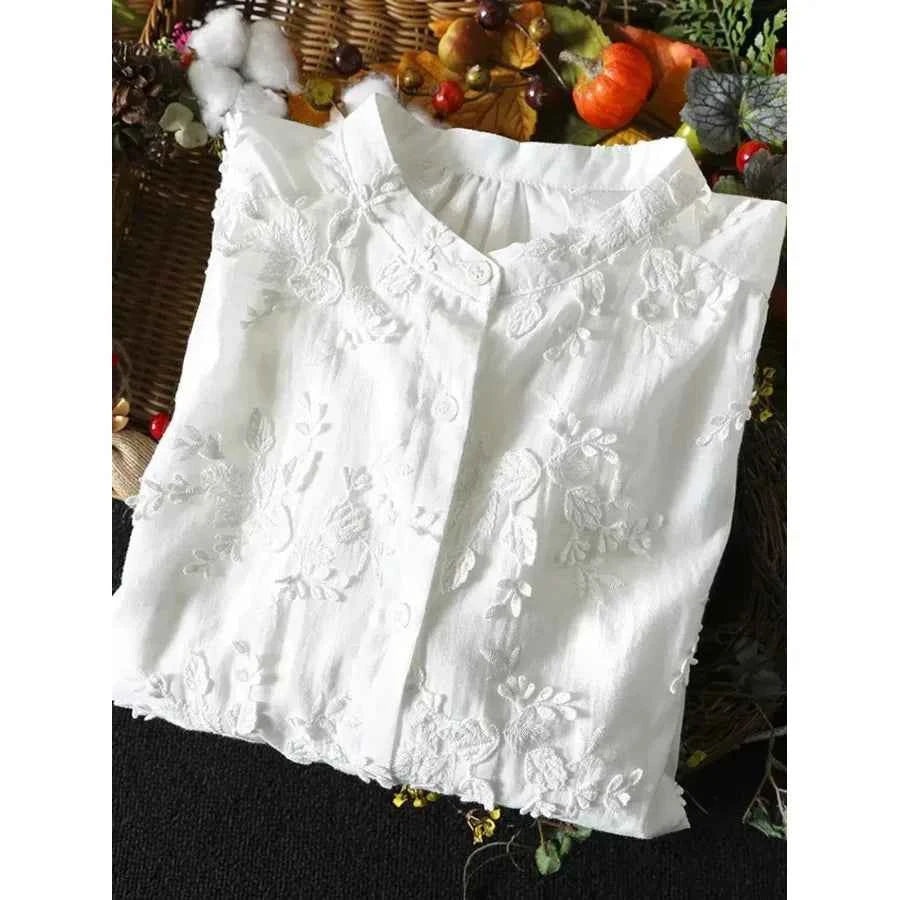SuperAen Spring New Three-dimensional Flower Embroidered Cotton White Shirt Women Loose Sweet O-neck Long-sleeved Shirts