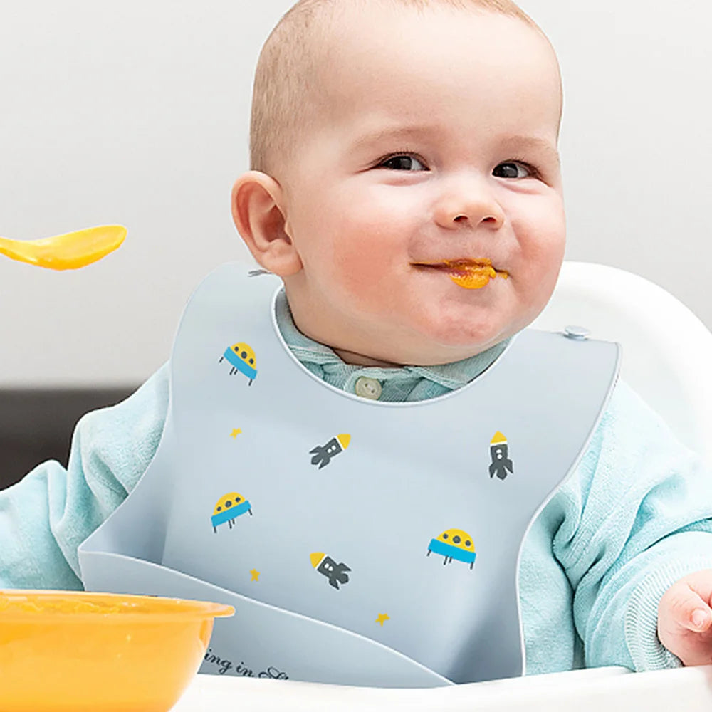 Waterproof Bibs For Kids Feeding Baby Eating Stuff Soft Silicone Babeast Cartoon Printed Adjustable Baby Tasting Feeding Bibs
