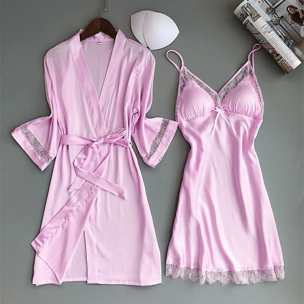 2pcs Women Pajamas Suit Silky Satin Nightgown Nightdress Set Lace Patchwork Lace-Up Women Bathrobe Sleepwear Set