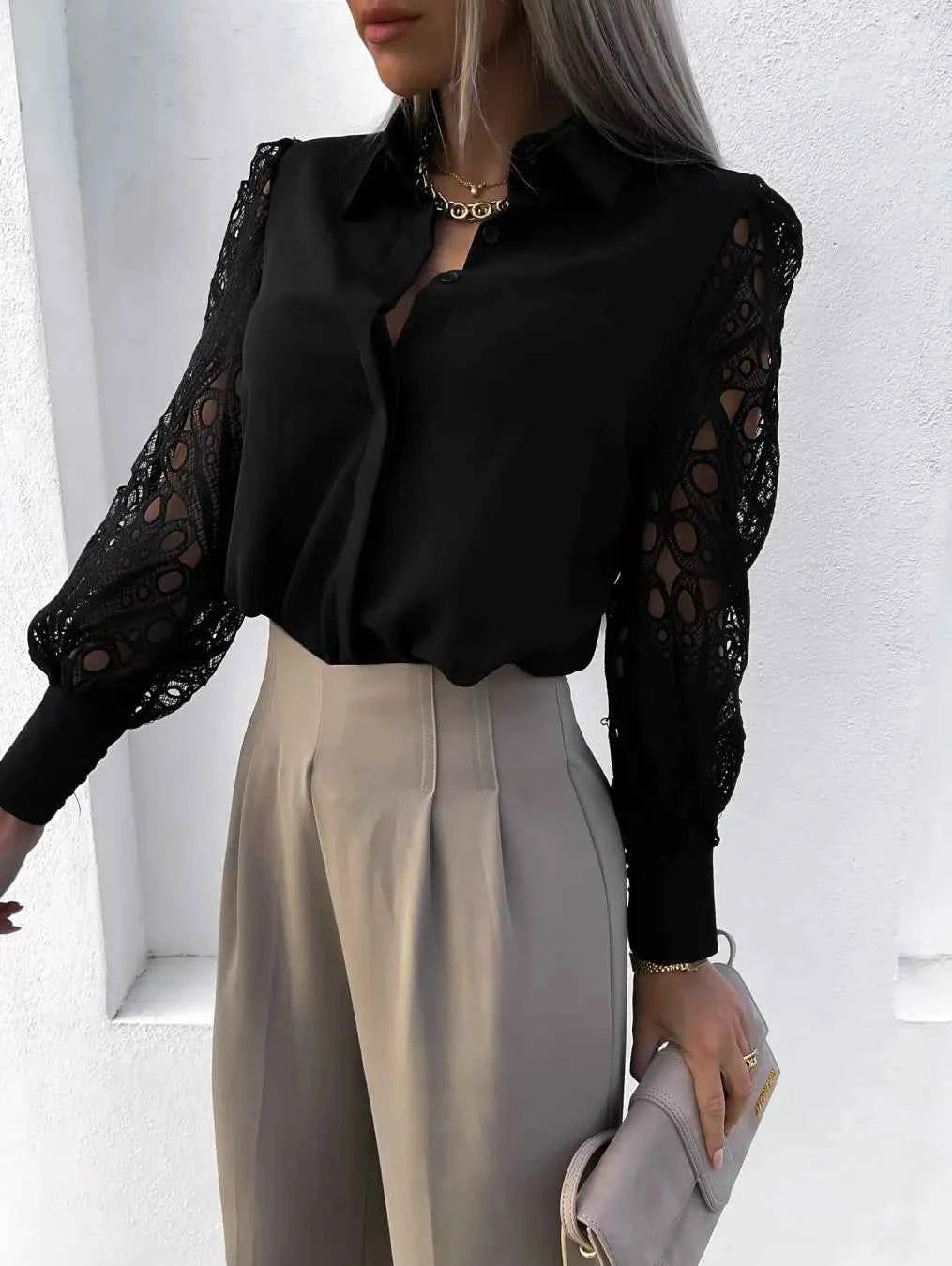 White Sexy Lace Hollow Out Women Blouse Autumn 2025 Spring Black Top Vintage Button Up Shirts Long Sleeve Mesh Design Tops 19948