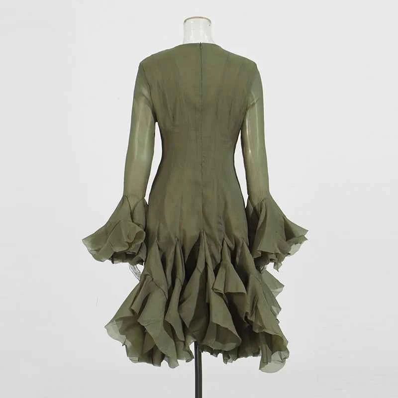 TWOTWINSTYLE Solid Spliced Button Slimming Dresses For Women O Neck Long Sleeve High Waist Patchwork Ruffles Female Fashion New