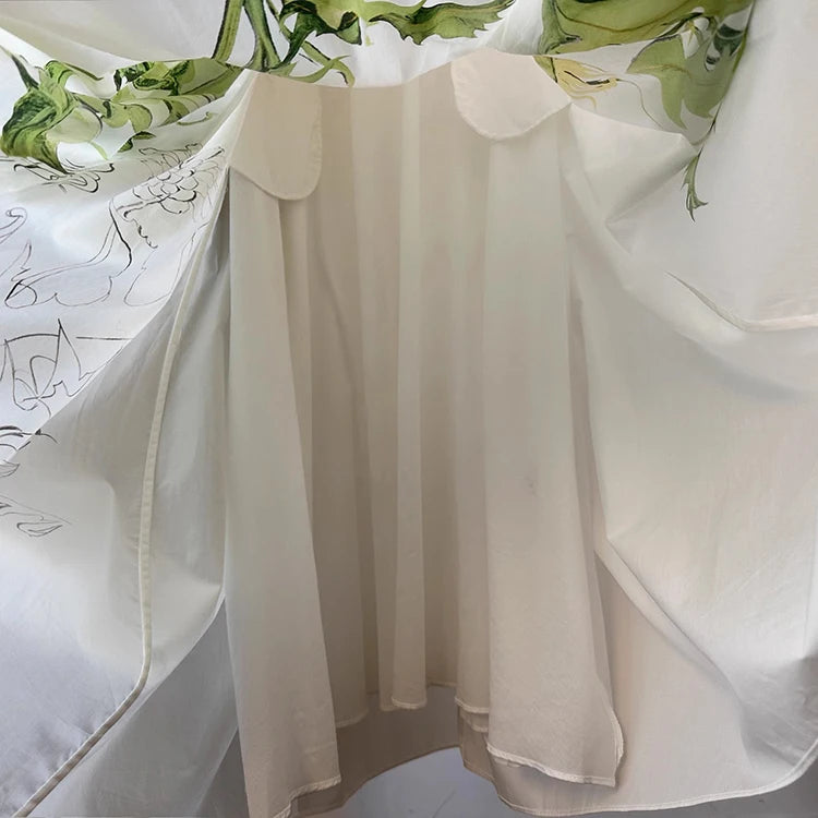 Seifrmann printed white background poplin dress 2025 autumn round neck short sleeved waist cinched long skirt belt dress