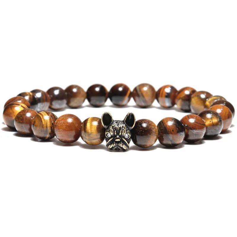 New French Bulldog Bracelet For Men 8mm Natural Lava Tiger Eyes Stone Braclet Beaded Vintage Braslet Homme Camping Accessories
