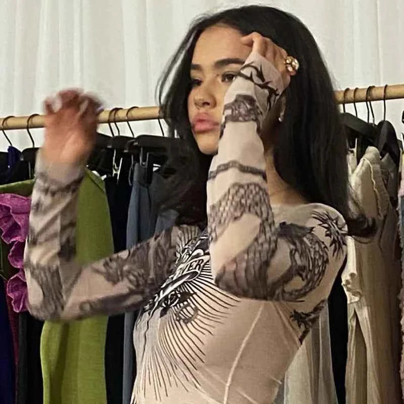 Y2k Aesthetic Punk Clothes Graphic Tees Women Gothic Fashion Full Sleeve Woman Tshirts See Through Streetwear Egirl Tops T Shirt
