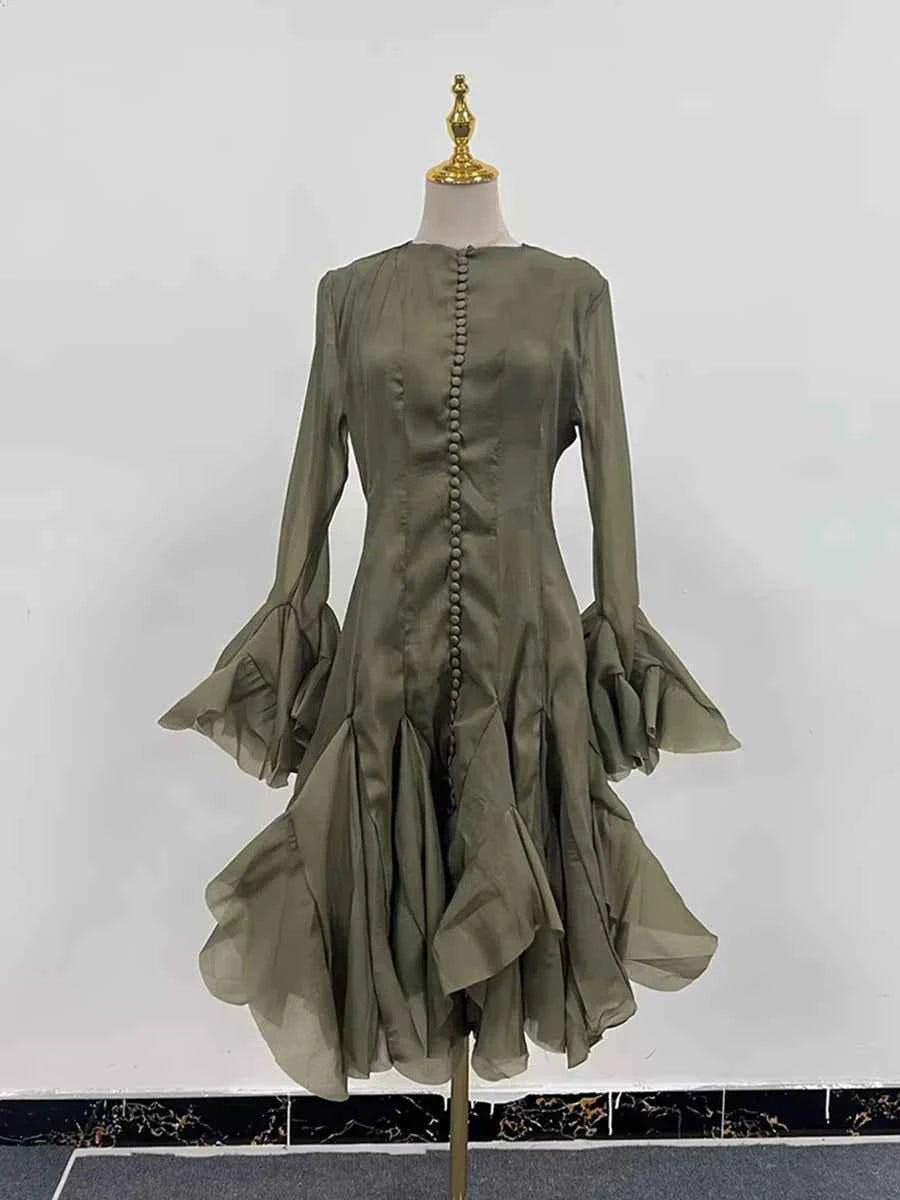 TWOTWINSTYLE Solid Spliced Button Slimming Dresses For Women O Neck Long Sleeve High Waist Patchwork Ruffles Female Fashion New