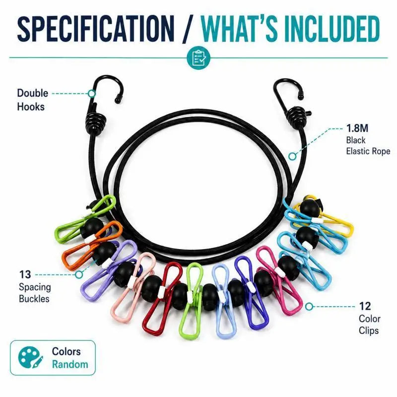 Portable Retractable Travel Clothesline 12 Clothes Clips for Indoor Laundry Drying line,Outdoor Camping Accessories