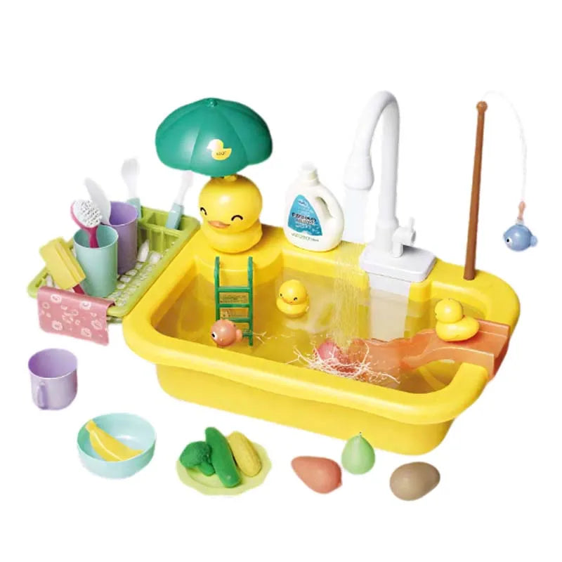 Kids Kitchen Sink Duck Toy Electric Dishwasher Play Set With Running Water Pretend Food Fisher Role Play Gift For Girls And Boys