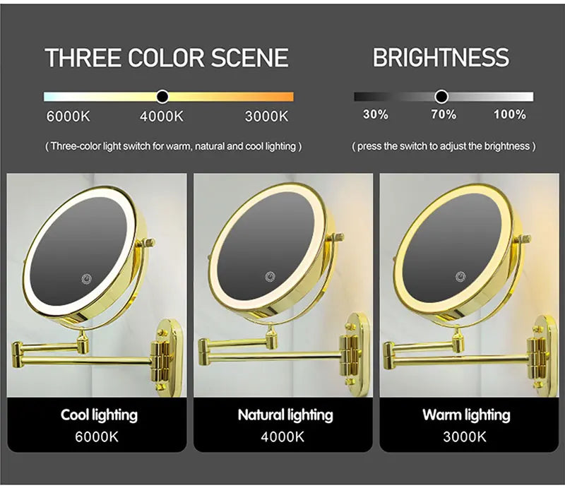 8 Inch Makeup Mirror Gold 3x/5x/7x/10x Magnifying Double Side USB Charging Bathroom 3 Color Light Cosmetic Mirrors