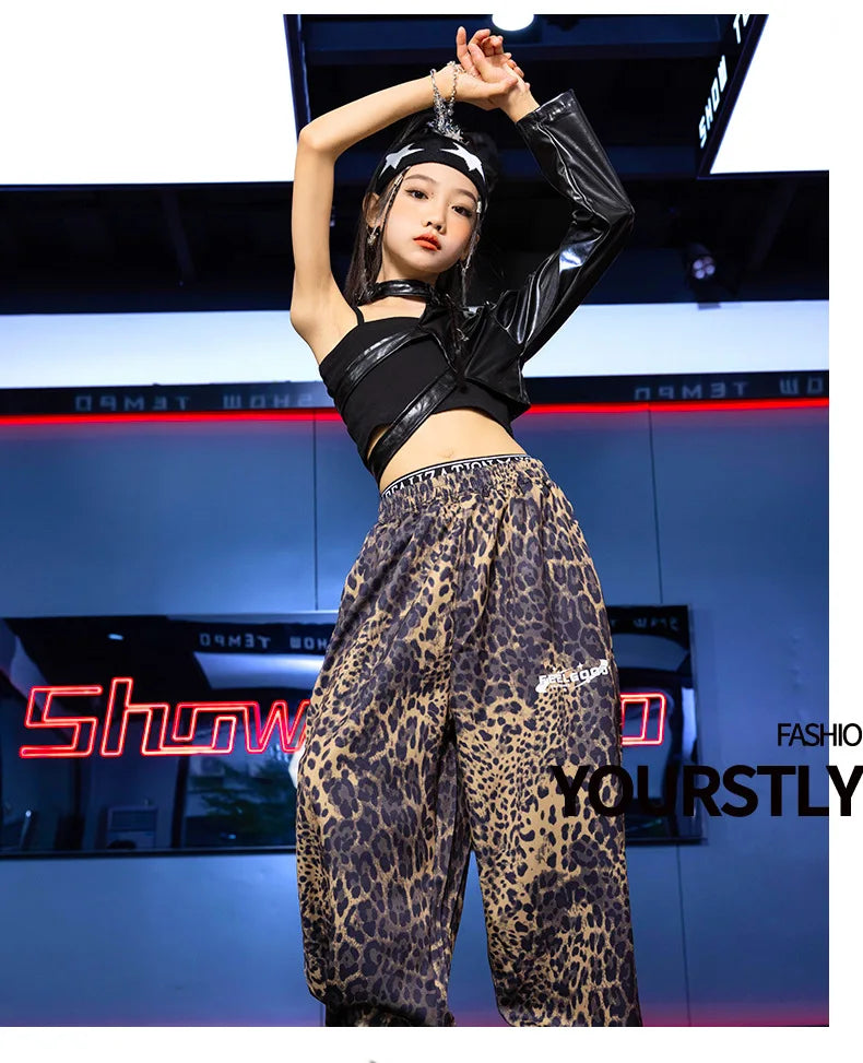 Kid Hip Hop Clothing T Shirt Crop Top Wine Red Arm Sleeve Faux Leather Casual Cargo Pants for Girl Jazz Dance Costumes Clothes