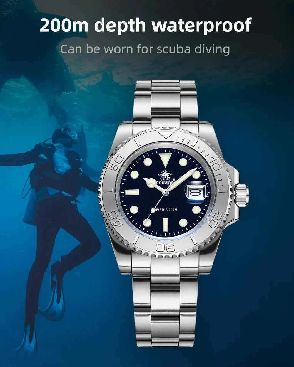 ADDIESDIVE New Luxury Men's Watch Stainless Steel BGW9 Super Luminous Quartz Men's Watch Diver 200m Men Analog Watches MY-H3C