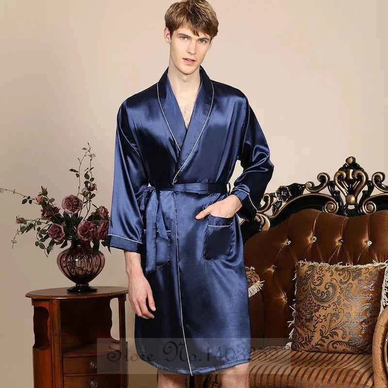 Plus Size 3XL 4XL 5XL Men Robe Sleepwear Navy Blue Stripe Kimono Bathrobe Gown with Pocket Summer Satin Home Clothes Lounge Wear
