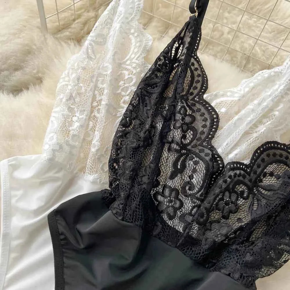 Women's V-neck Sexy Elegant Lace Camisole Jumpsuit Hollowed Transparent Tight Fitting Pajama Adjustable Shoulder Straps Hotsweet