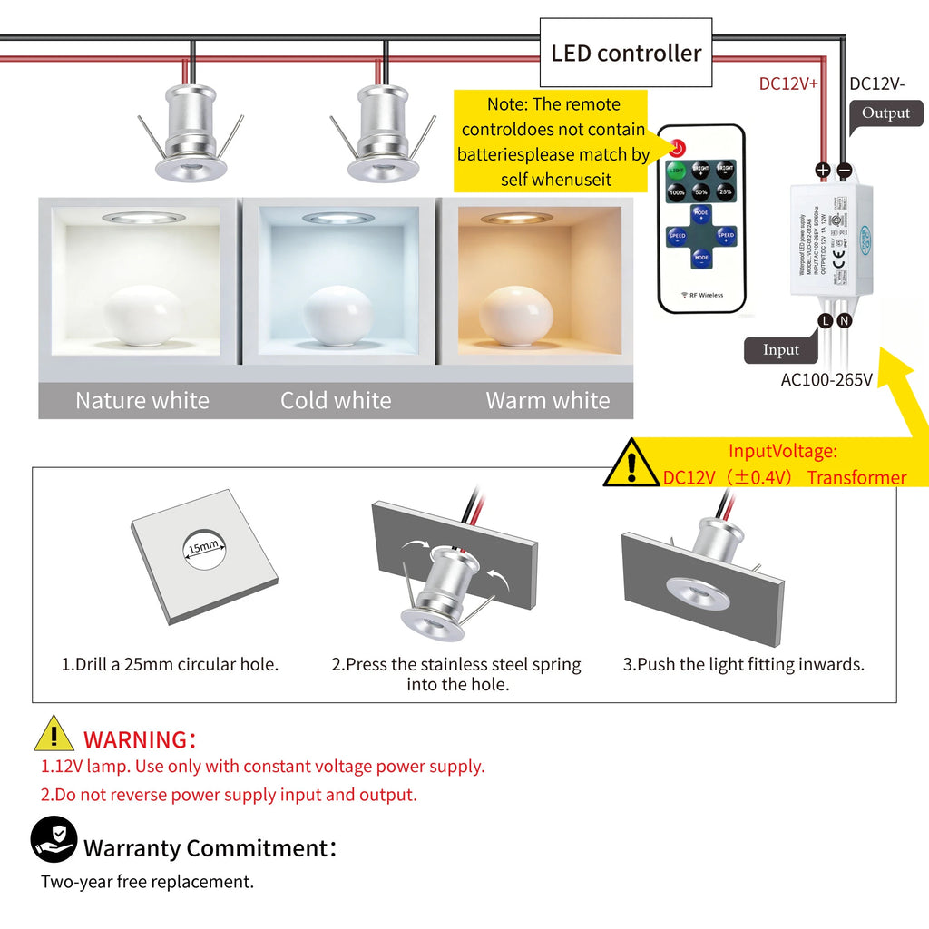 1W Mini Spotlight 12V Downlight Led Spot Dimmable Kitchen Cabinet Spot Lights Recessed Ceiling Light with Remote Control