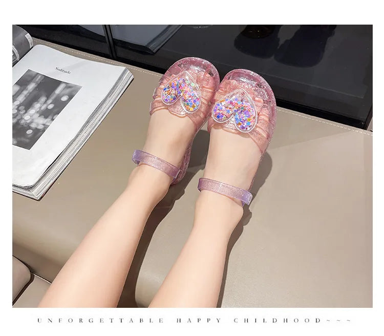 2026Kids' Sandals Ourdoor Crystal Jelly Shoes PVC Love Baby Fashion Flat For Girls Breathable Anti-slip Purple Sliver Size 24-35