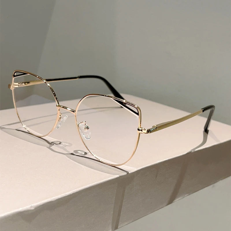 KAMMPT Oversized Cat Eye Glasses Women New Vintage Metal Rim Blue Light Blocking Eyeglasses Trendy Fashion Design Optical Frames