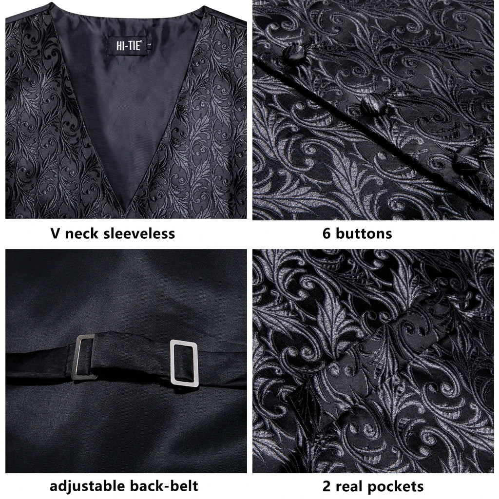 Men's Black Dress Vest Set with Tie Pocket Square Cufflinks - Jacquard Formal Tuxedo Waistcoat Suit Wedding Business Party