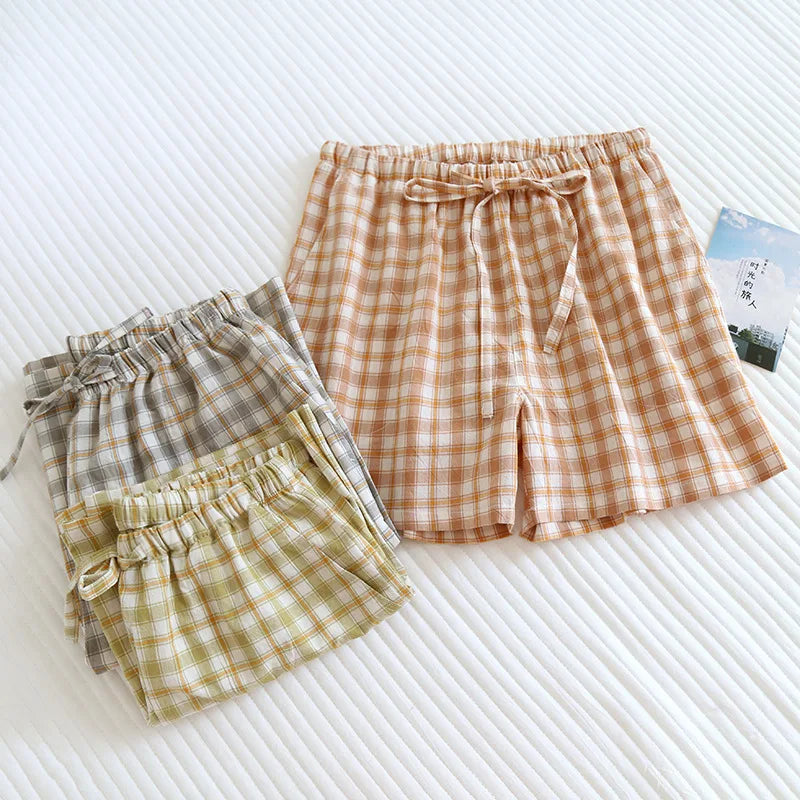 Summer Thin Loose Fit Women's Home Shorts Cotton Plaid Design Multi Colors Sleepwear Beach and Casual Wear Short Pants