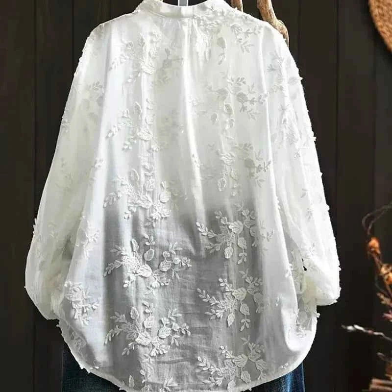 SuperAen Spring New Three-dimensional Flower Embroidered Cotton White Shirt Women Loose Sweet O-neck Long-sleeved Shirts