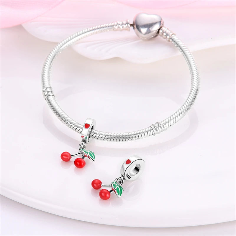 New 925 Silver Color Strawberry Cherry Fruit Series Charms Beads Fit 3mm 925 Original Bracelets DIY Birthday Jewelry Gifts