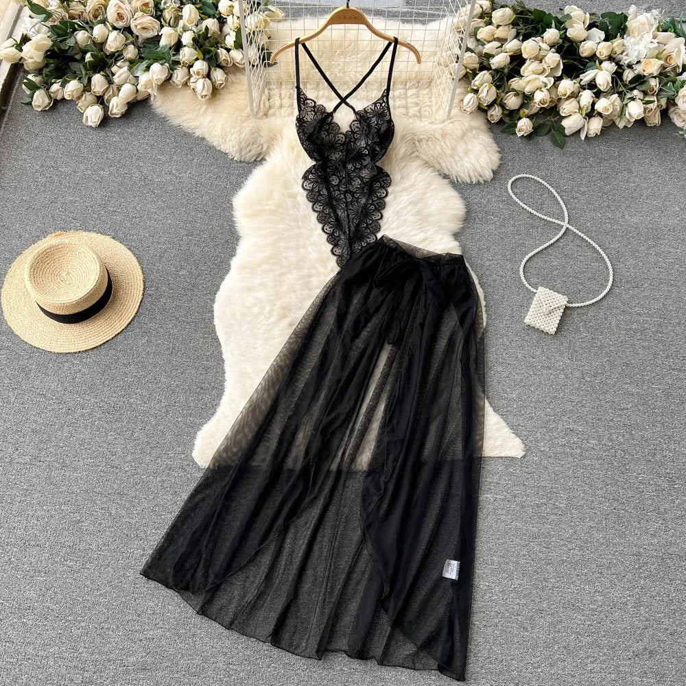 Summer Girls Sexy Hot Sweet Transparent Suspender Mini Dress Women Elastic Waist And Backless Strap Lolita Pajamas Bubble Skirt