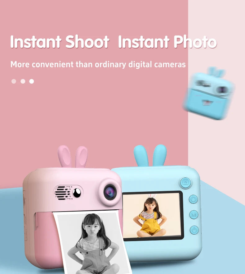 Kids Photo Camera Printer with Game Cute Bunny Mini Digital Video Child Instant Print Camera 4-12 Years Kids Girls Boyes Gifts