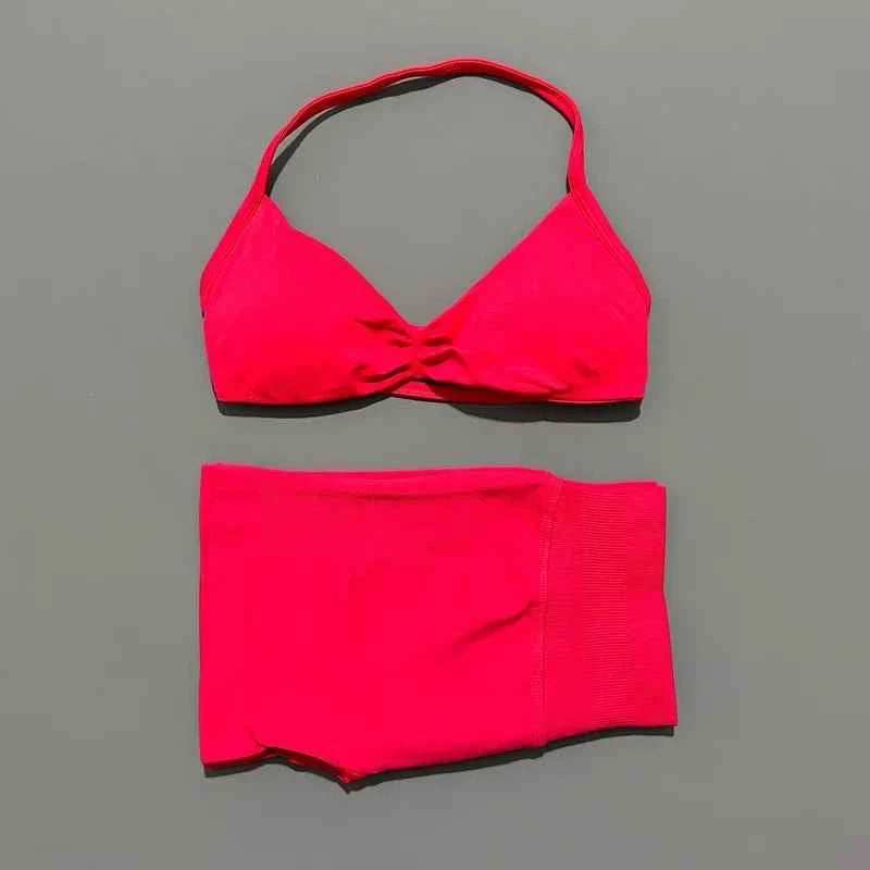 HISTELLO Gym Set 2 Piece Women Strappy Yoga Bra Top Workout Scrunch Shorts Sports Suit Fitness Clothes Seamless Yoga Set