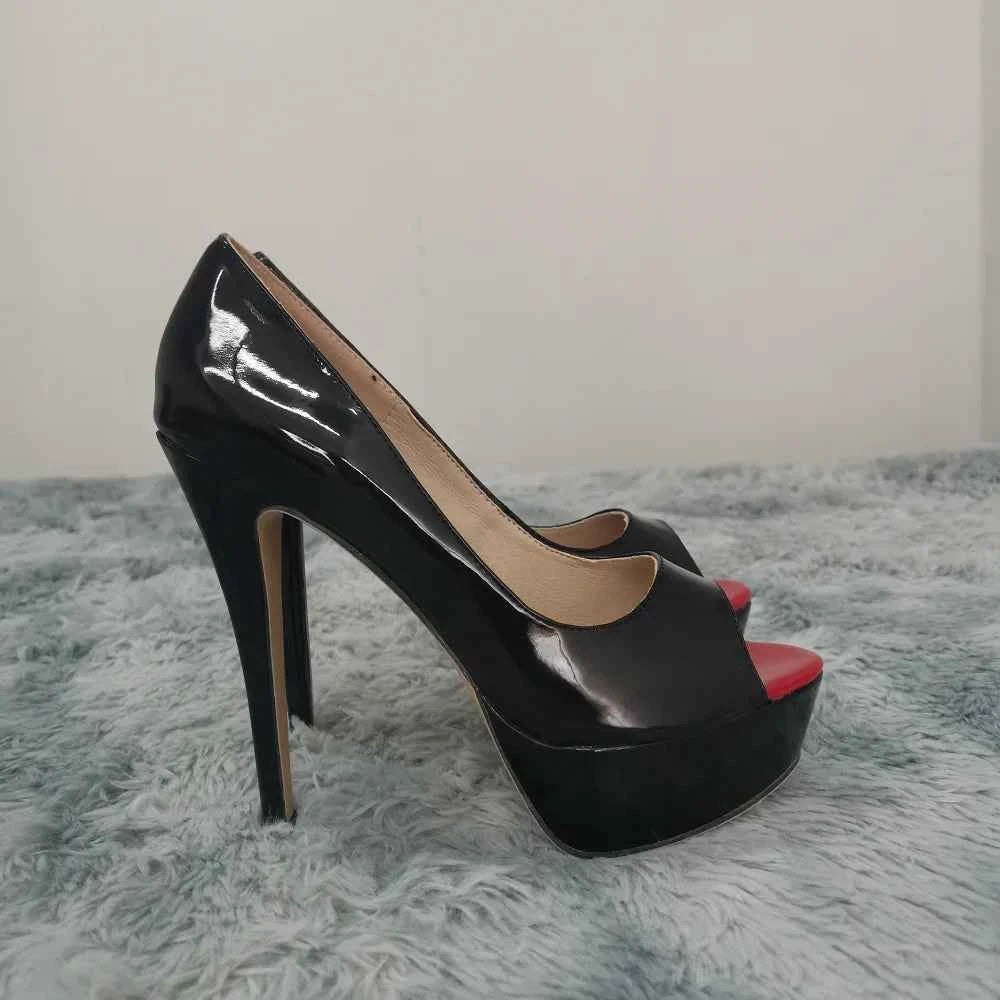 Women Pumps Stilettos Sexy Platform Peep Toe 14cm Extremely High Heels Patent Leather Party Nighclub Wedding Shoes Large Size 43