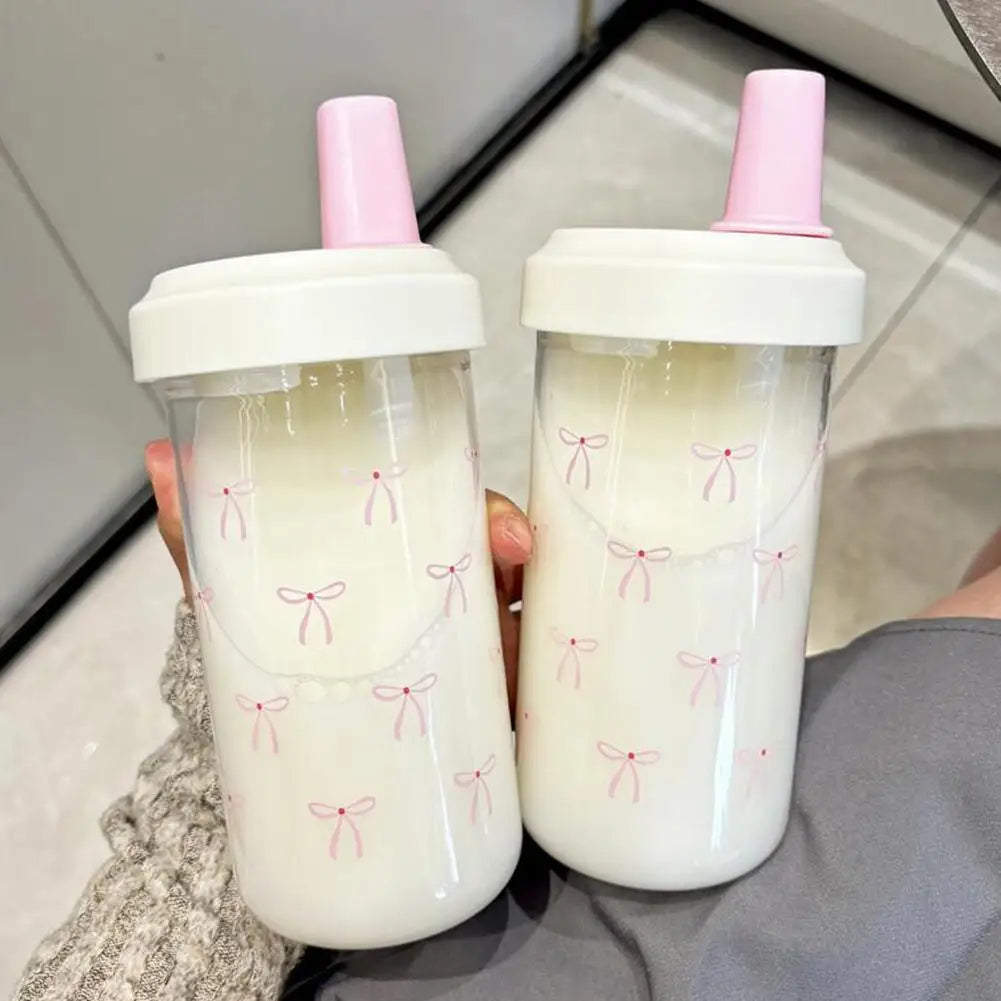 Cute Pink Bow Straw Water Bottle Fashionable Travel Safe Odorless Large-capacity Portable Water Bottle For Travel