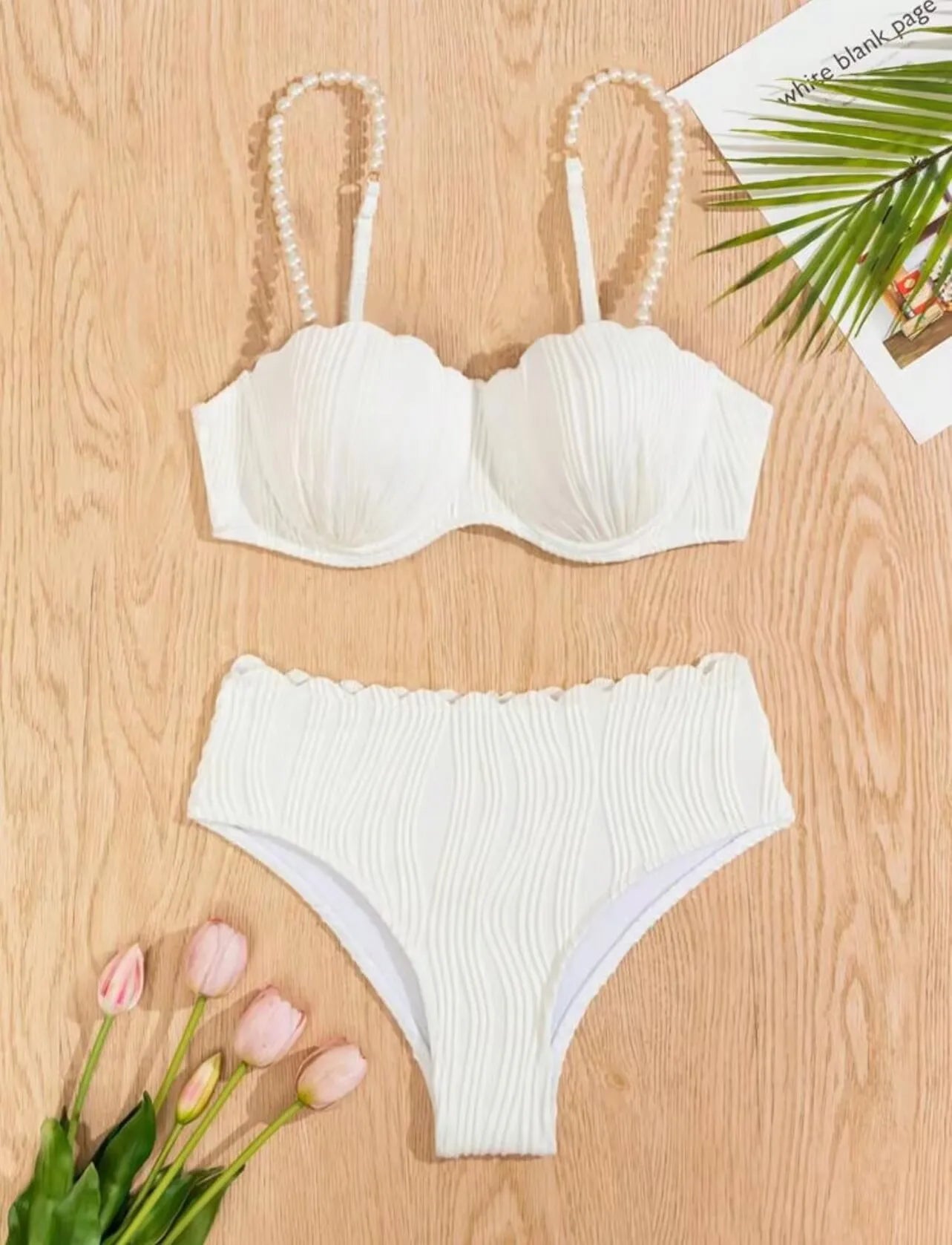Sexy White Black Bikini Set 2025 Women Pearls Strap Ruffles Push Up High Waist Swimsuit Beach Bathing Suit Two Piece Swimwear