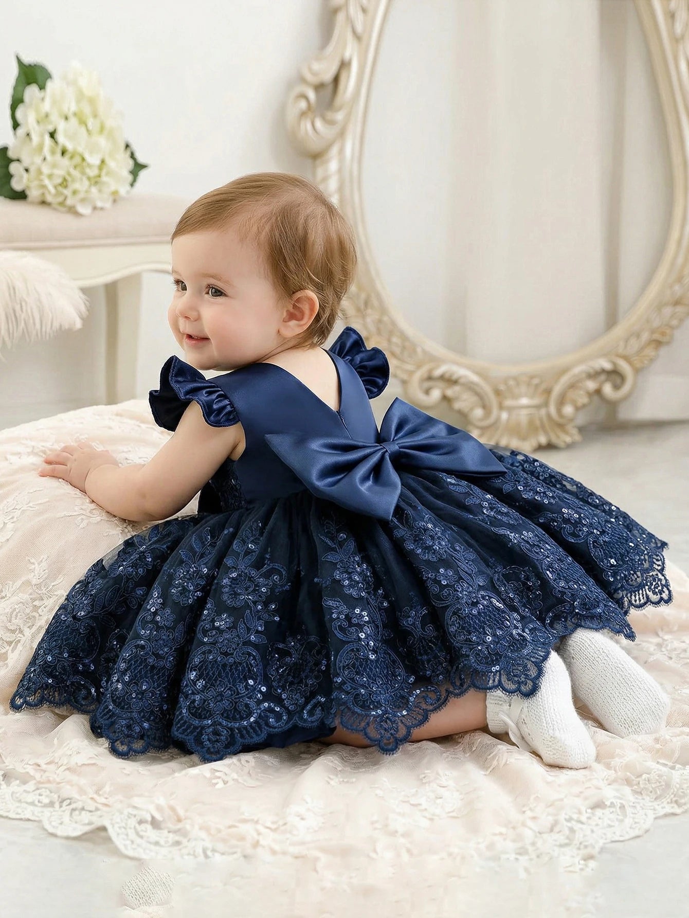 Baby Girl Casual Simple Woven White Round Neck Sleeveless Detachable Three-Dimensional Bow Dress Birthday Party,Evening Party