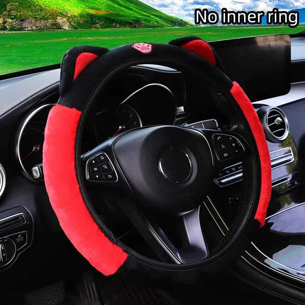 Cute Cartoon Plush Kitten Warm Car without Inner Ring Steering Wheel Cover Car Accessories Suitable for 14.5-15INCH