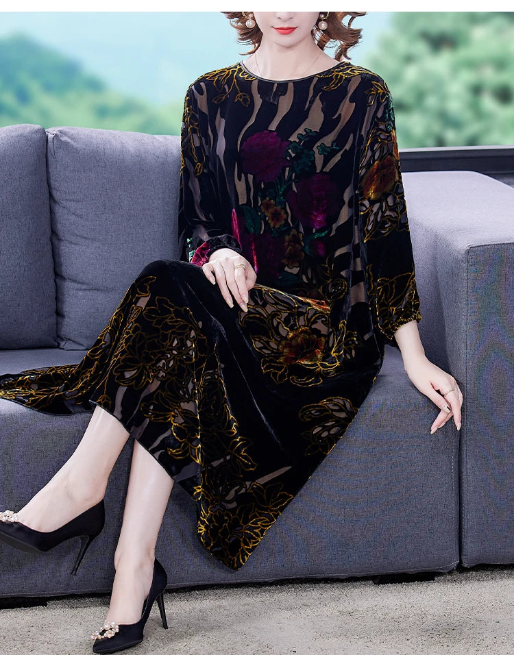 Large Size Gold Velvet Dress Women's Autumn New High-End Mulberry Silk Burnt Flower Dress Luxurious Temperament Vestidos