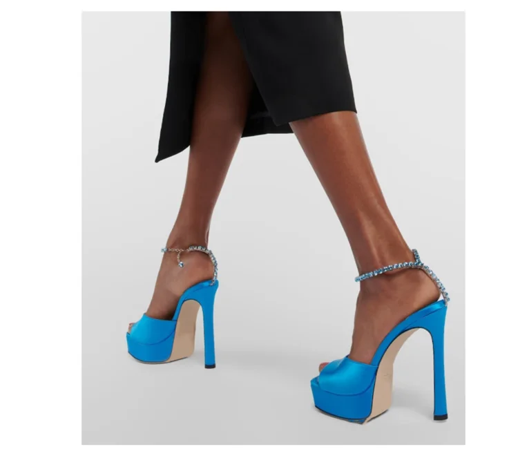 Colorful Chain Water Diamond Sandals Brand Walk Show Fish Mouth Evening Dress Elegant High Heels 2023 New Pendant Women's Shoes